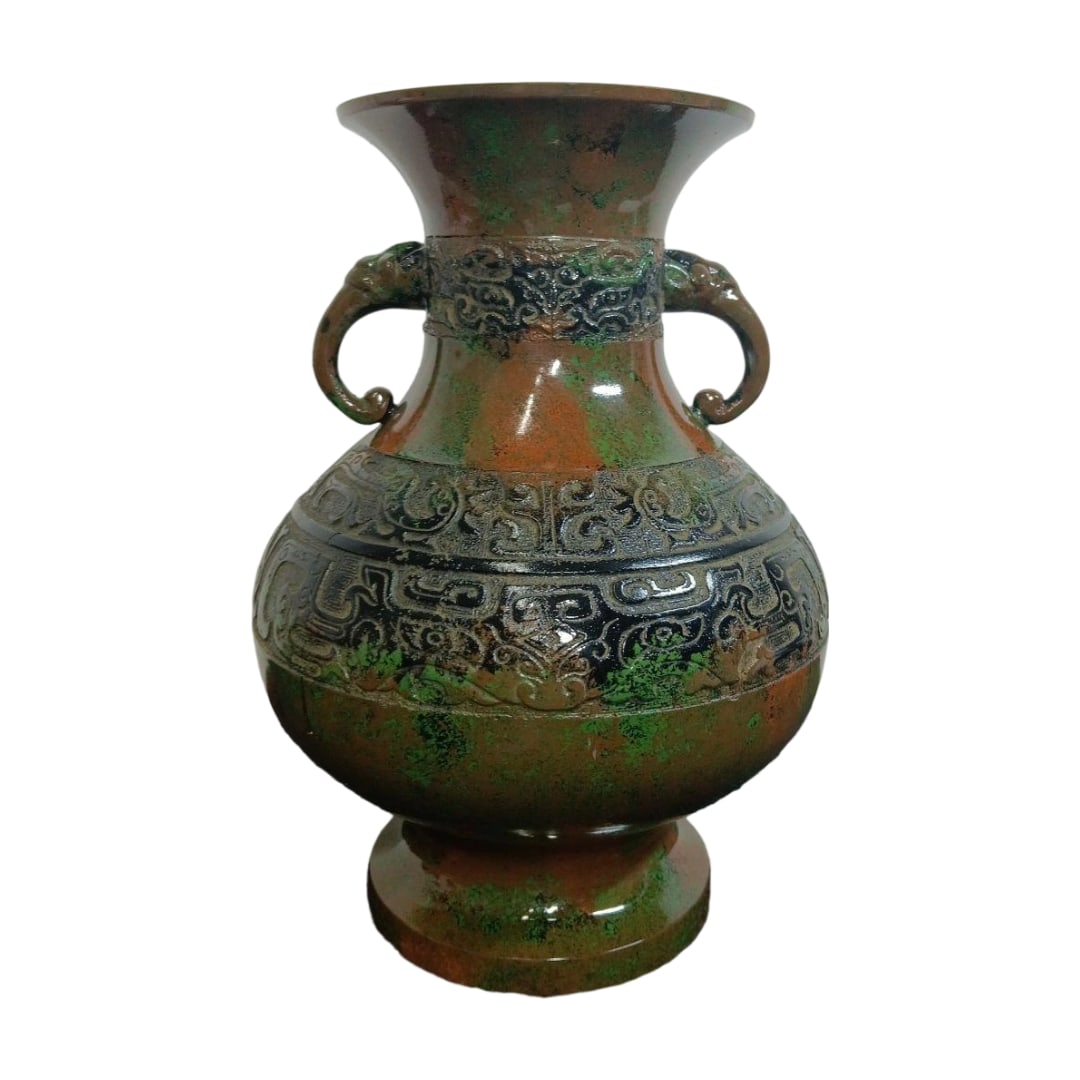 Bronze Ritual Vessel with Taotie Motif and Double Handles, Vase, Accompanied by a Wooden Box. (1 of 20)