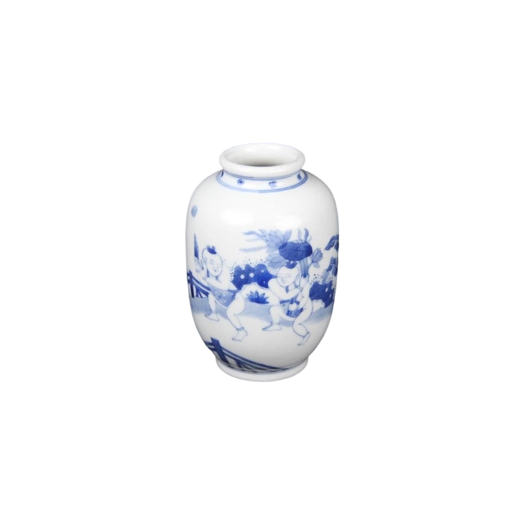Chinese Art: An Antique Blue and White Vase with Tang Dynasty Child Motif: Chinese Art Antique Blue and White Vase with Tang Dynasty Child Motif Dimensions (in centimeters): Height: 12.5 Width: 8 Depth: 8 Mouth Diameter: 3 Condition: Despite minor age-related grime, the piec