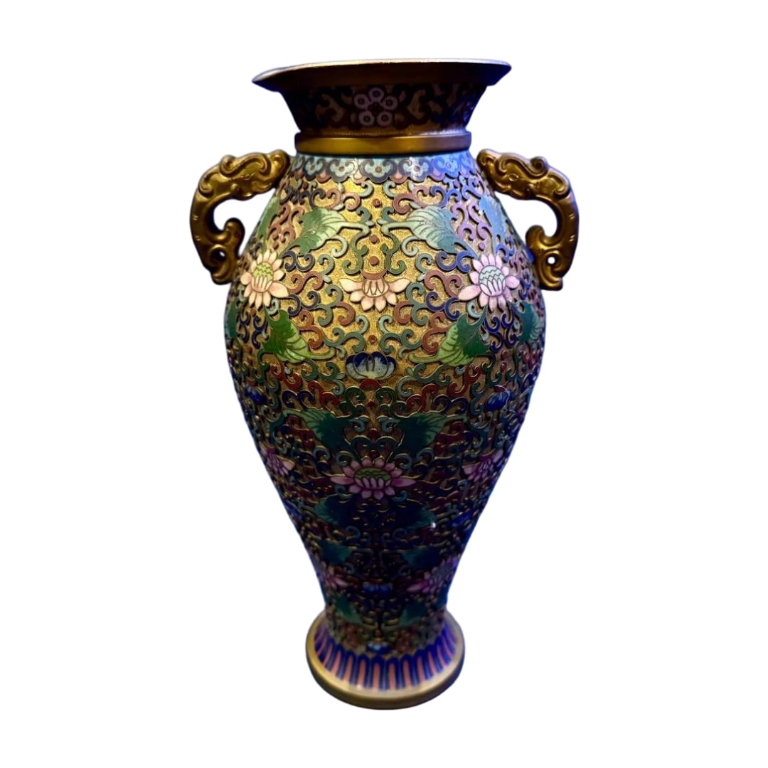 Chinese Art: Cloisonne Enamel Gilt Lion Double-Handled Pierced Cloisonne Enamel Vase (1 of 11)