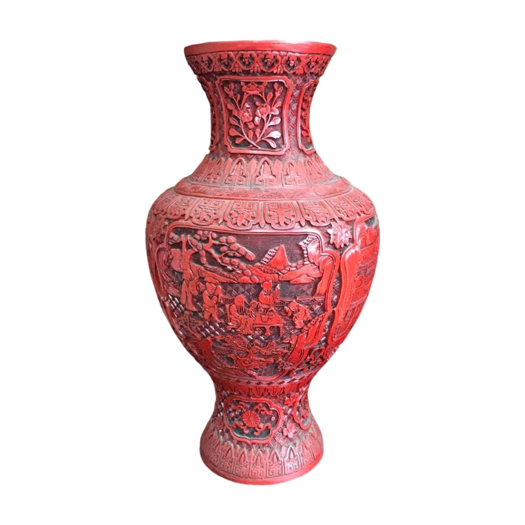 Chinese Vase Chinese Art Antique Item Carved Red Lacquer Extra Large Vase: This is an exceptionally large carved red lacquer vase. Due to its age, the surface shows wear and minor scratches.
