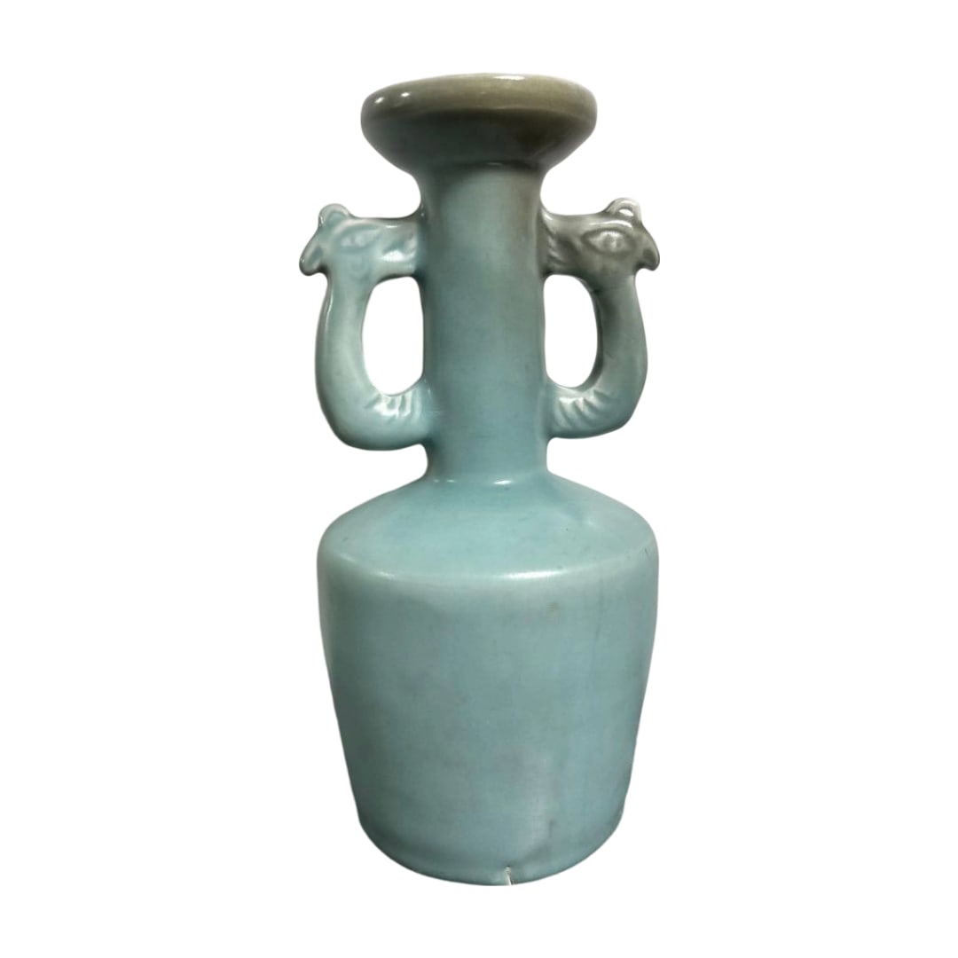 China, Longquan Kiln, Celadon Double-Handled Vase.: Height: 27.3 cm. No damage, no chips. Detailed information has been uploaded.