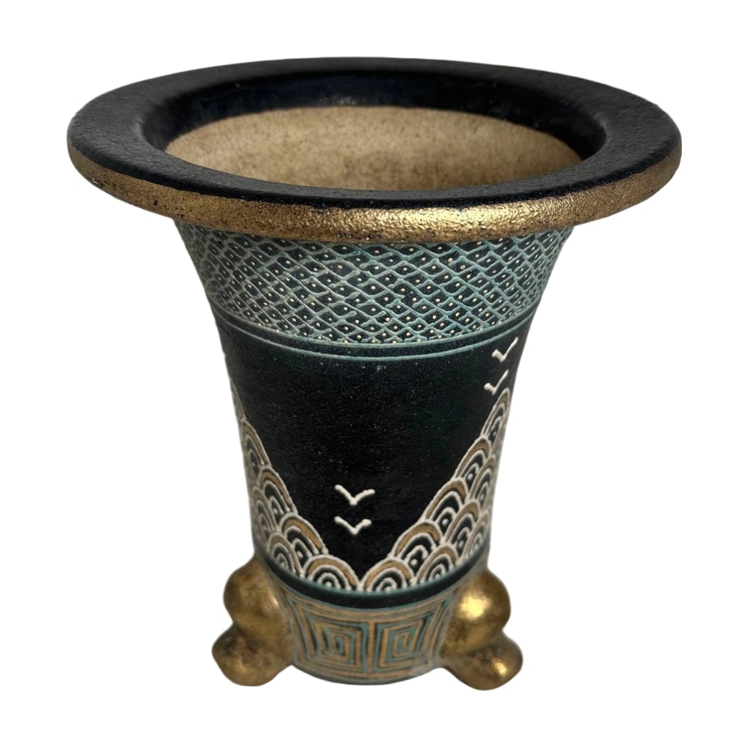 Chinese Three-Legged Orchid Basin Vase: This is a Chinese tripod orchid pot vase. Despite signs of use, it is in good condition. Due to its age, there are stains and other conditions. Dimensions approximately: Diameter 22.4 cm Maximum inner