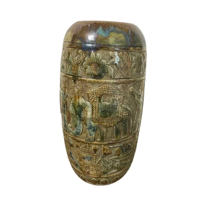 Japanese Meiji–Early Showa Period Celadon Glazed Large Jar with Applied Floral, Bird & Figure: Japanese Meiji to Early Showa Period Celadon-Glazed Large Jar with Applied Floral, Bird and Figure DecorationThis large vessel features a distinctive hand-thrown texture, with a deep grayish-brown gla