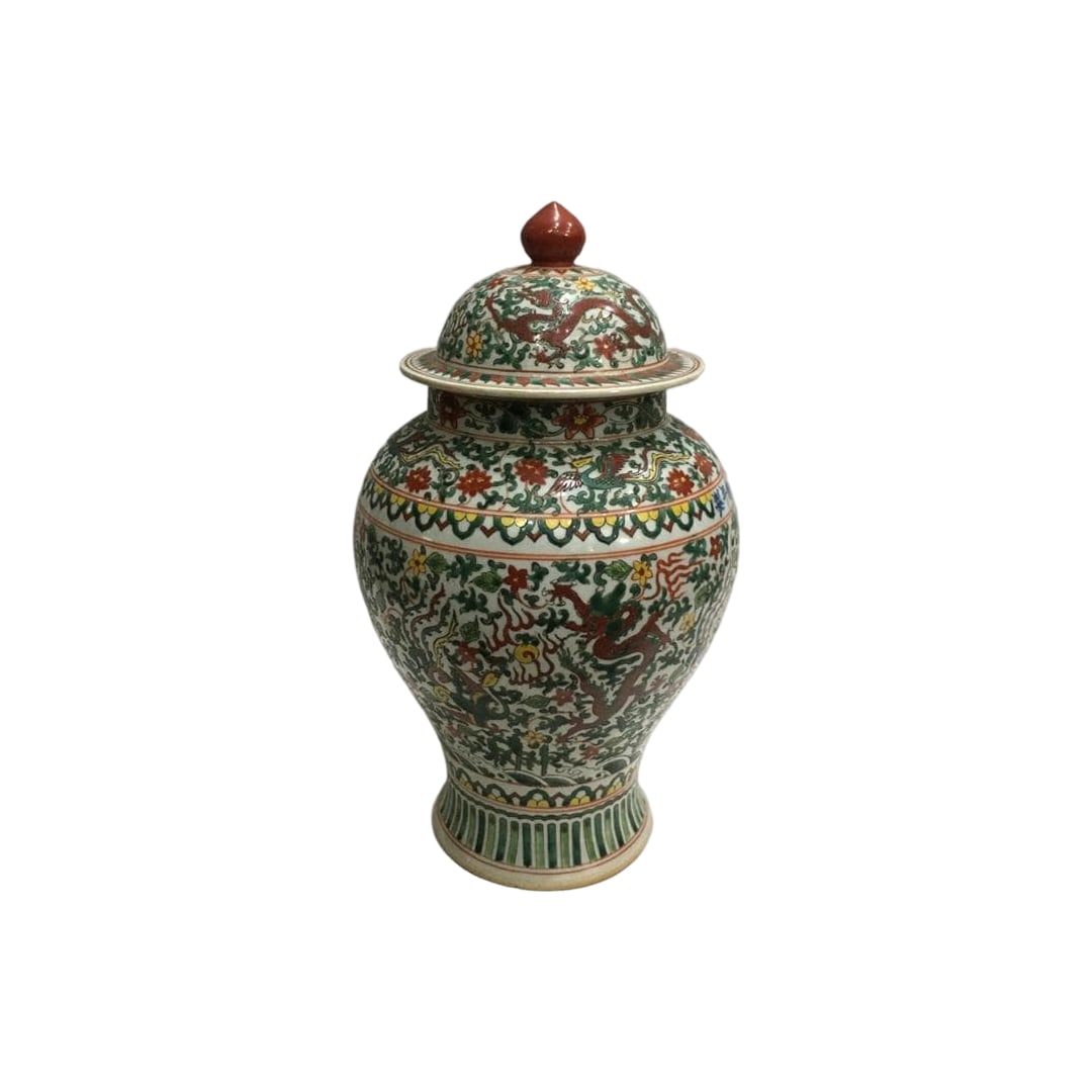 A Ming Dynasty Jiajing period Jingdezhen red porcelain incense jar, 36 cm high, with original box.: A rare heirloom, a Ming Dynasty Jiajing period red porcelain incense jar decorated with polychrome dragon and phoenix patterns, 36 cm high, with original box and lid. Large incense jar, Jingdezhen, Ch