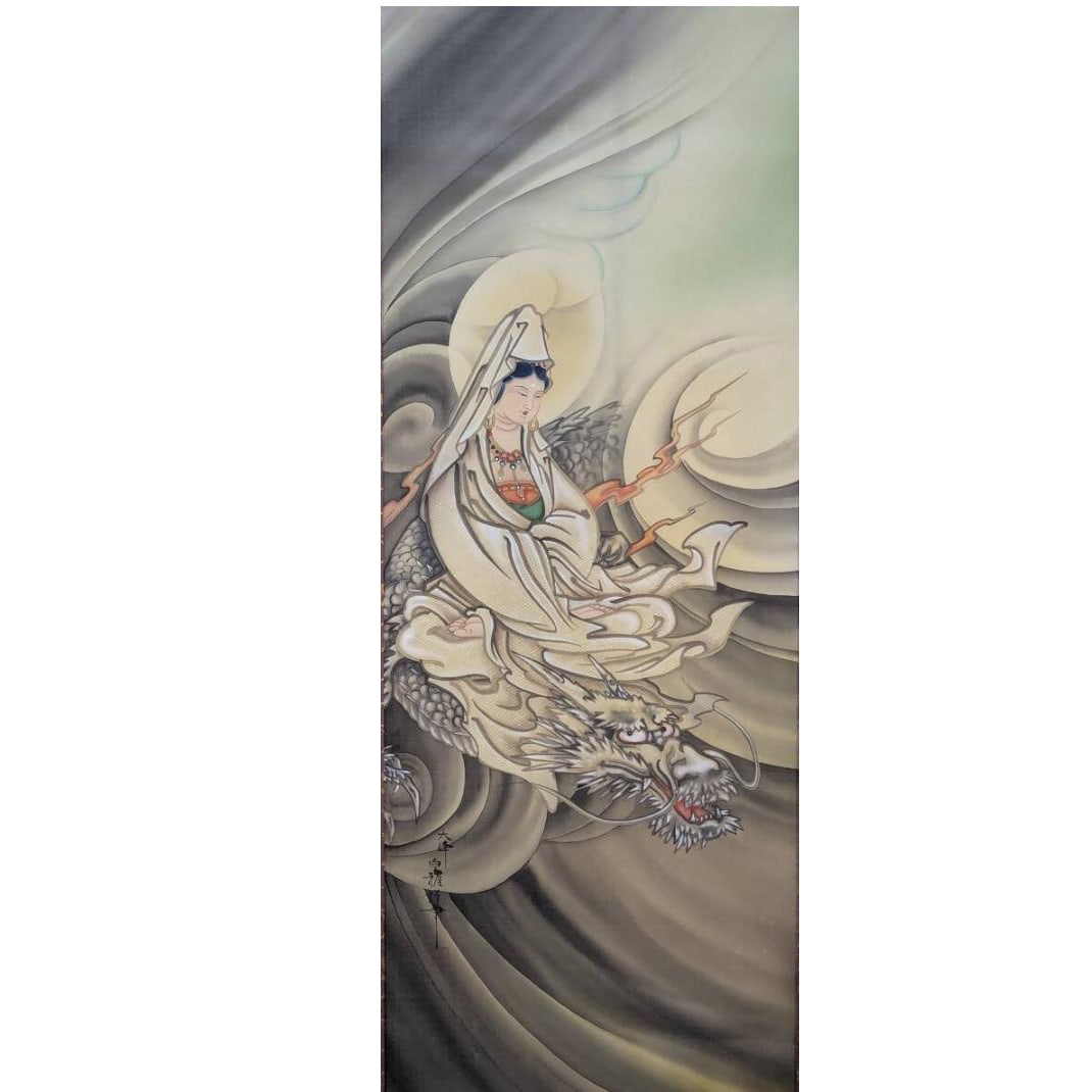 Takeuchi Hakuga, "Ryuto Kannon" (Dragon Head Kannon), Kannon Bodhisattva, Buddhist Painting.: Takeuchi Hakuga is a painter active in the field of Nihonga (Japanese-style painting), particularly skilled in depicting the Seven Lucky Gods, talismans, and auspicious paintings. His works often feat