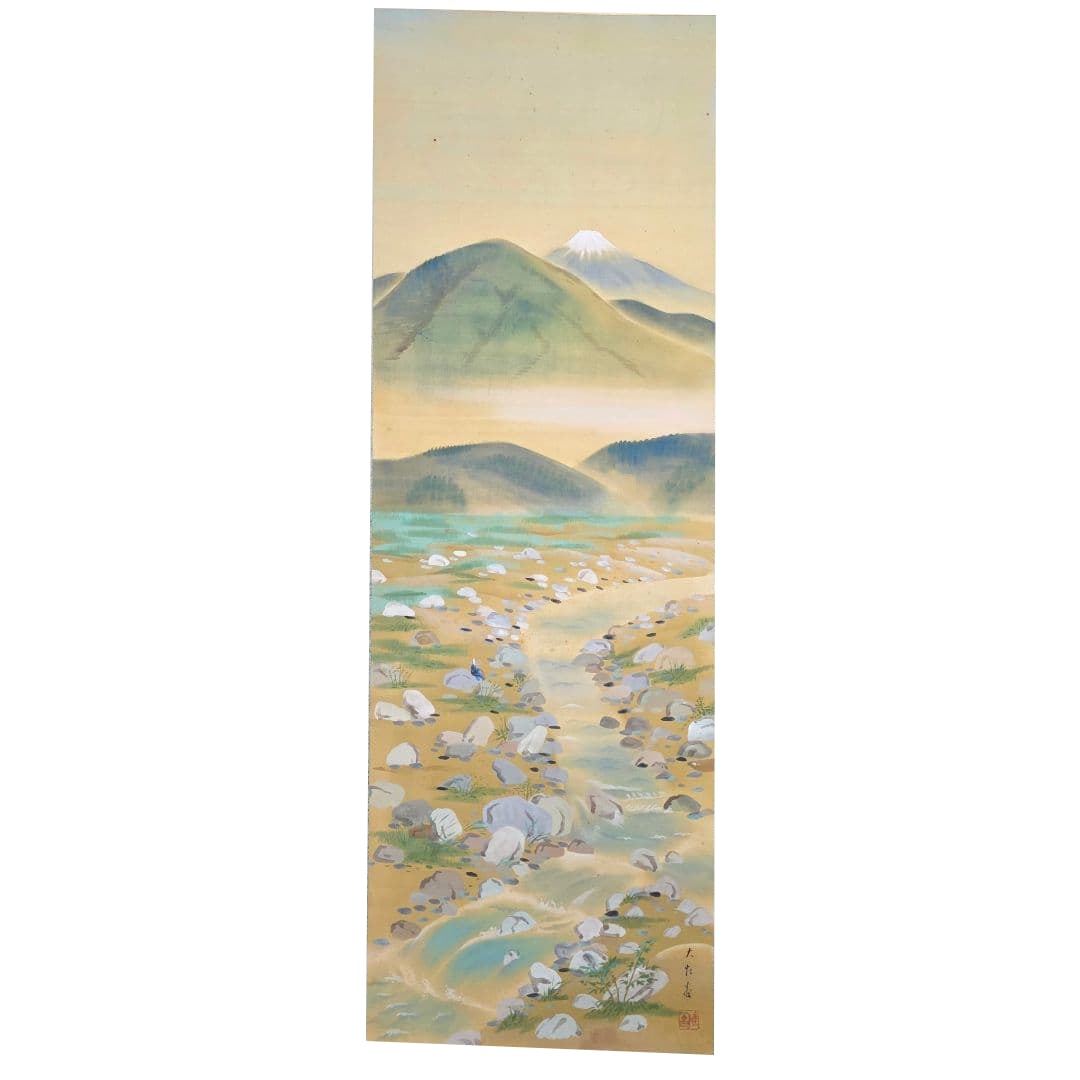 Hanging Scroll of "Clear Stream, Fuji River" by Yokoyama Taikan, Hand-Painted: Depicting a river flowing with Mount Fuji in the background The dimensions of the painting are approximately 123 x 41 cm Overall dimensions are approximately 208 x 61 cm Silk mounting, accompanied by 