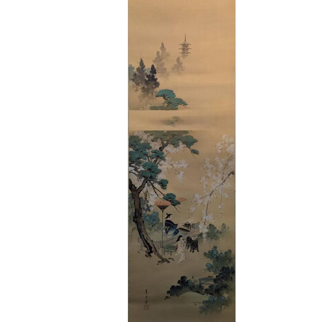 Hanging Scroll, Nihonga (Japanese Painting), Spring Scene with Figures, Cherry Blossoms and: Mounting dimensions including roller ends: approximately 55 x 201 cm Main paper dimensions: approximately 36 x 117 cm