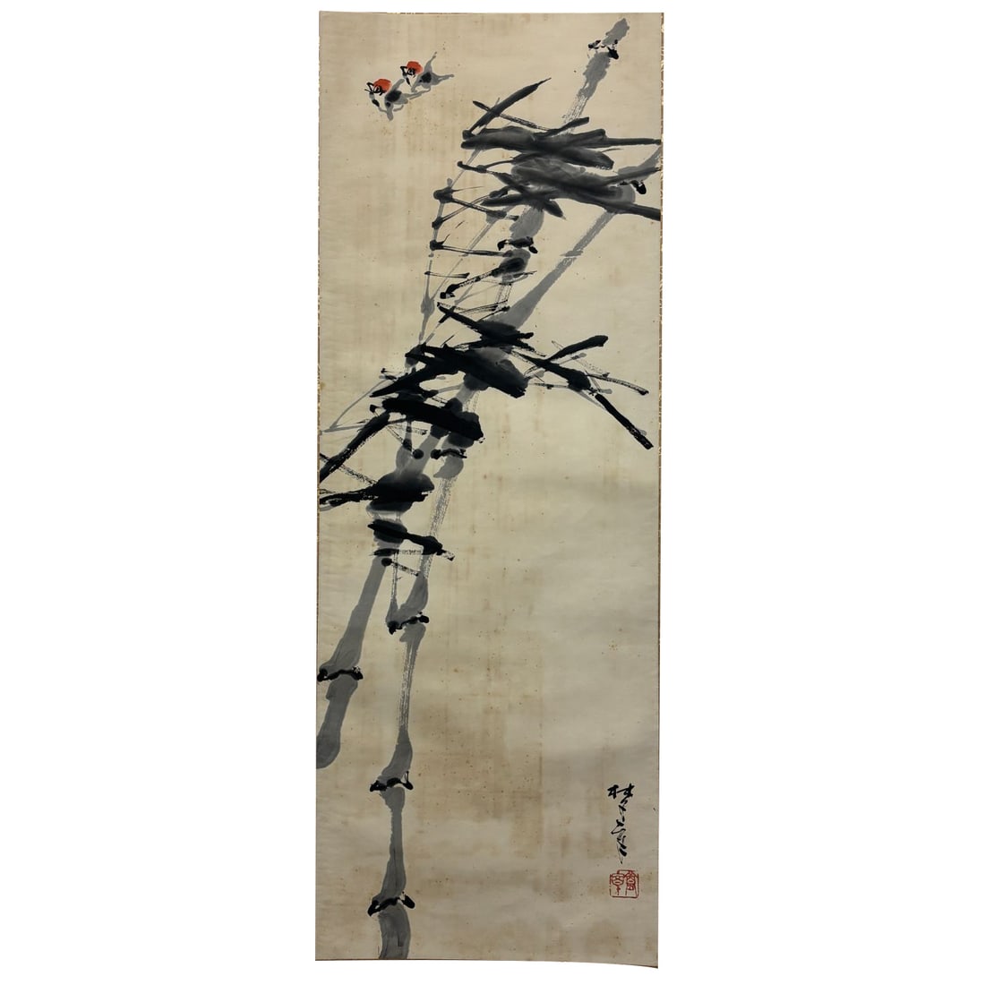 Renowned Chinese painter Qi Mengzhang, "Wind and Bamboo," large freehand ink painting, hanging: Renowned ink painter Qi Mengzhang, created in 1937 and 2011, known for his bold brushstroke characteristics in large freehand ink paintings. Characteristics and Theme of the Work: Large Freehand Ink B