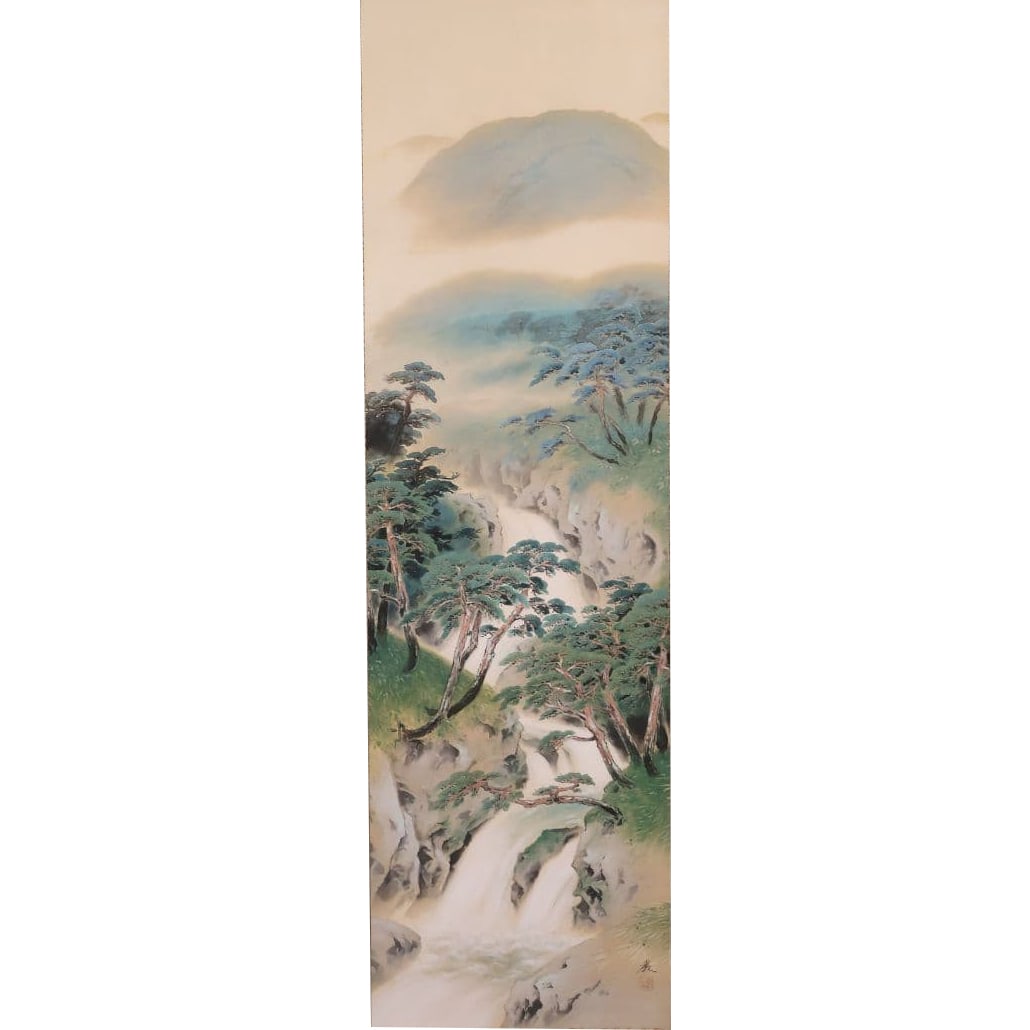 Japanese Painting by Yamashita Iwao (Yamashita Iwao), "Song of Pines," Color Landscape on Silk,: Japanese Painting by Yamashita Iwao (Yamashita Iwao) "Shorai" Color Landscape on Silk Hanging Scroll Main Paper / Exhibits discoloration, stains, dirt, and scratches Mounting / Cracks on the roller en