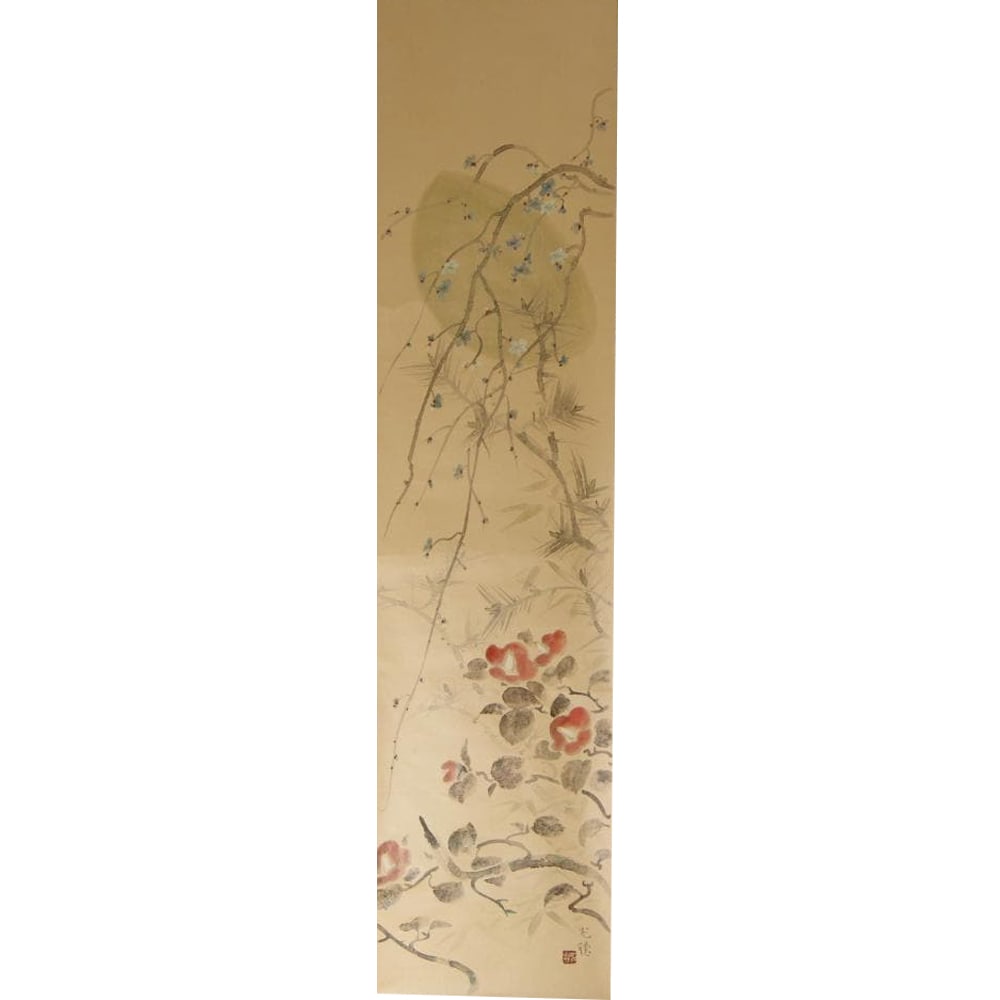 Hanging Scroll by Sano Mitsuho, "Spring Cold," Ink on Paper, with Original Box. (1 of 17)