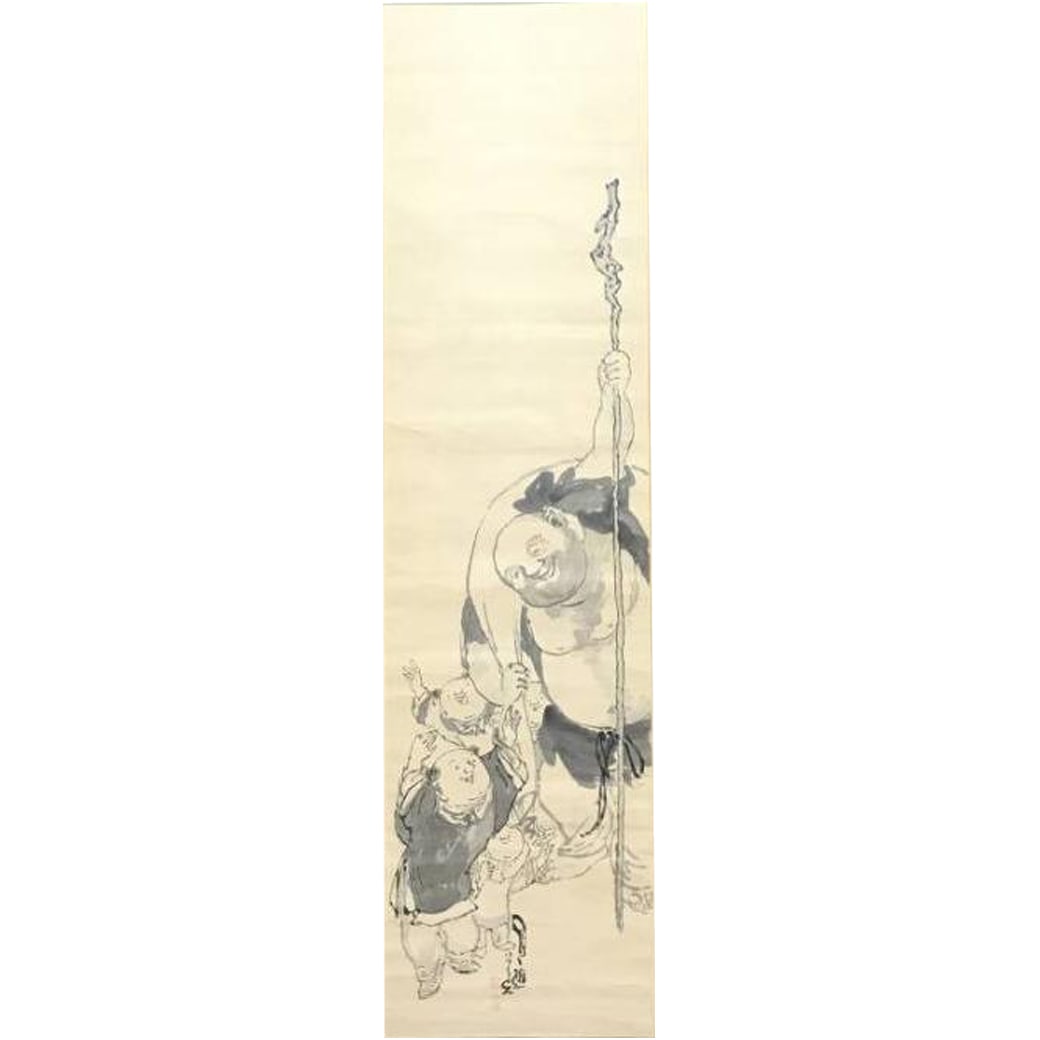 Authentic Work / Tamura Soryu / Painting of Hotei and Karako / Figure Painting / One of the Seven: Tamura Soryu Birth and Death Years: 1846 (Koka 3) - 1918 (Taisho 7) Era: Meiji Period - Taisho Period Field: Western-style Painter and Painting Monk Origin: Funai District, Tanba Province (present-day
