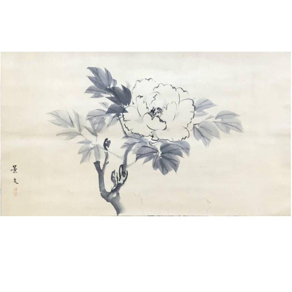 Authentic Work / Matsumura Keibun / Peony Painting / Flower Painting / Horizontal Format / Hanging: Matsumura Keibun Birth and Death Years: An'ei 8 (1779) - Tenpo 14 (1843) Era: Late Edo Period Field: Nihonga (Shijo School) Name and Titles: Family Name: Minamoto Name: Matsumura Initial Name: Naoji A