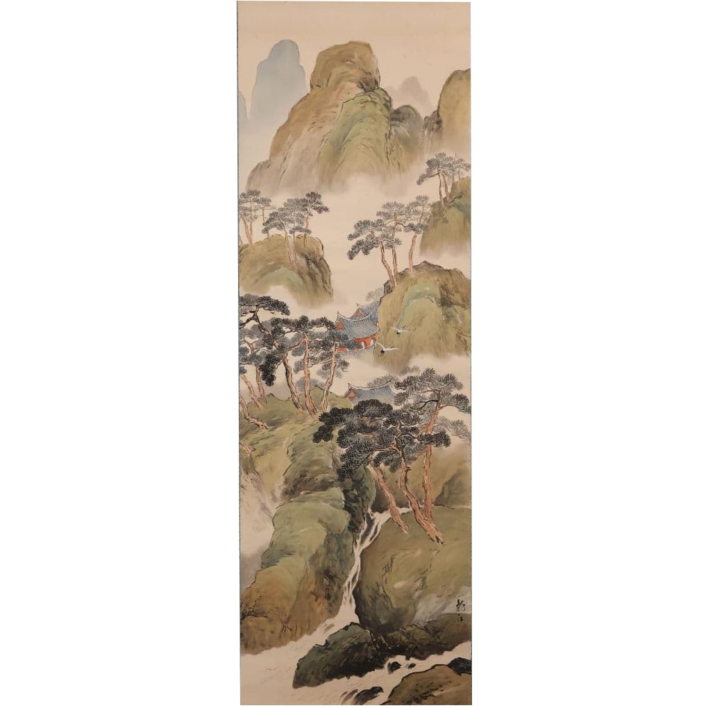 Japanese Painting Signed Ryuko "Mount Penglai" Silk Hanging Scroll: Japanese Painting with Signature: "Ryuko" - "Mount Penglai" on Silk, Hanging Scroll, with Box Mounting Dimensions (excluding cord and roller ends): approximately 53.5 cm in width x 194.5 cm in height 