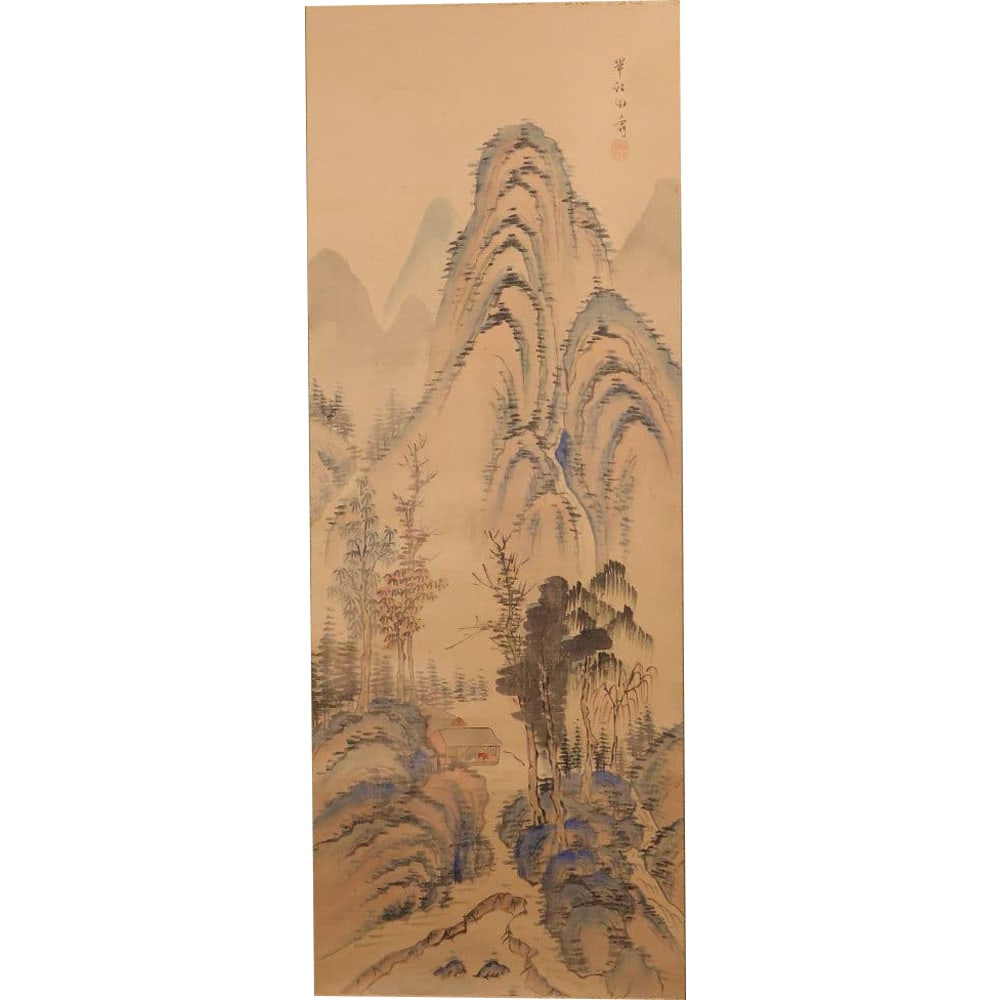 Okada Hanko and Tan Shu , Landscape, Ink on Silk, Hanging Scroll: Okada Hanko and Tan Soku "Mountain Village Landscape" Ink and color on silk, hanging scroll, with box. Nihonga (Japanese painting), Nanga (Southern painting), Edo period. There are discolorations, sta