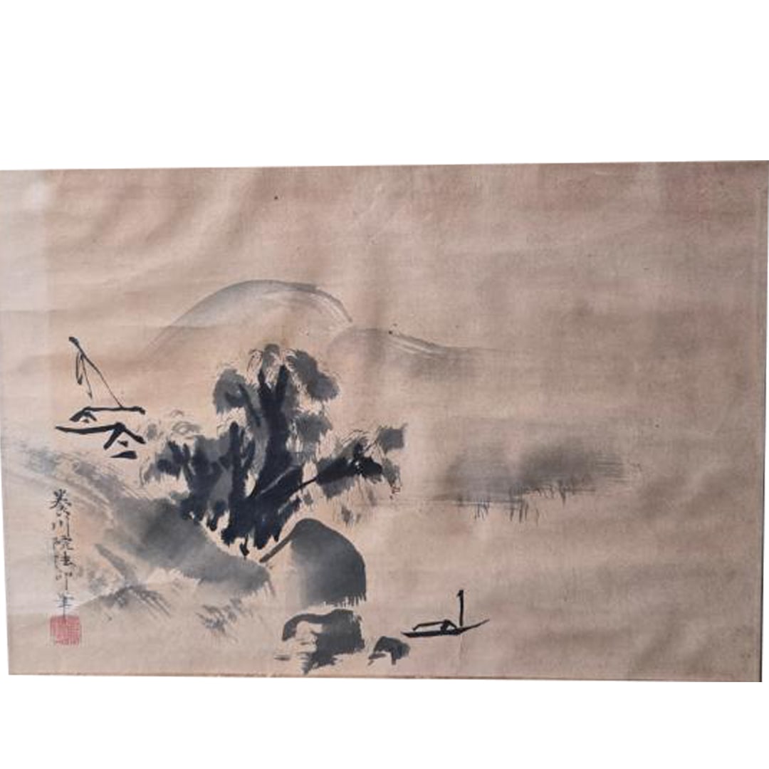 Late Edo Period, Kano Yasunobu (Kano Yasunobu), Ink Landscape Painting: Attributed to Kano Yasunobu (1753-1808), the seventh-generation head of the Kano school during the late Edo period, late 18th to early 19th century, this ink landscape hanging scroll is a remarkable w