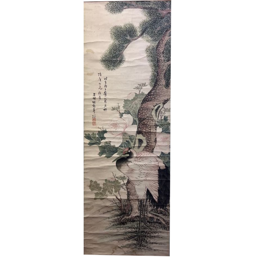 Hanging Scroll of Pine and Crane, Nihonga, Ink and Color on Paper, Mounted on Paper: This is a traditional Japanese hanging scroll painting with the theme of pine trees and cranes, depicted with delicate brushwork. Title: Shokaku-zu (Pine and Crane Painting) Technique: Nihonga (Japane