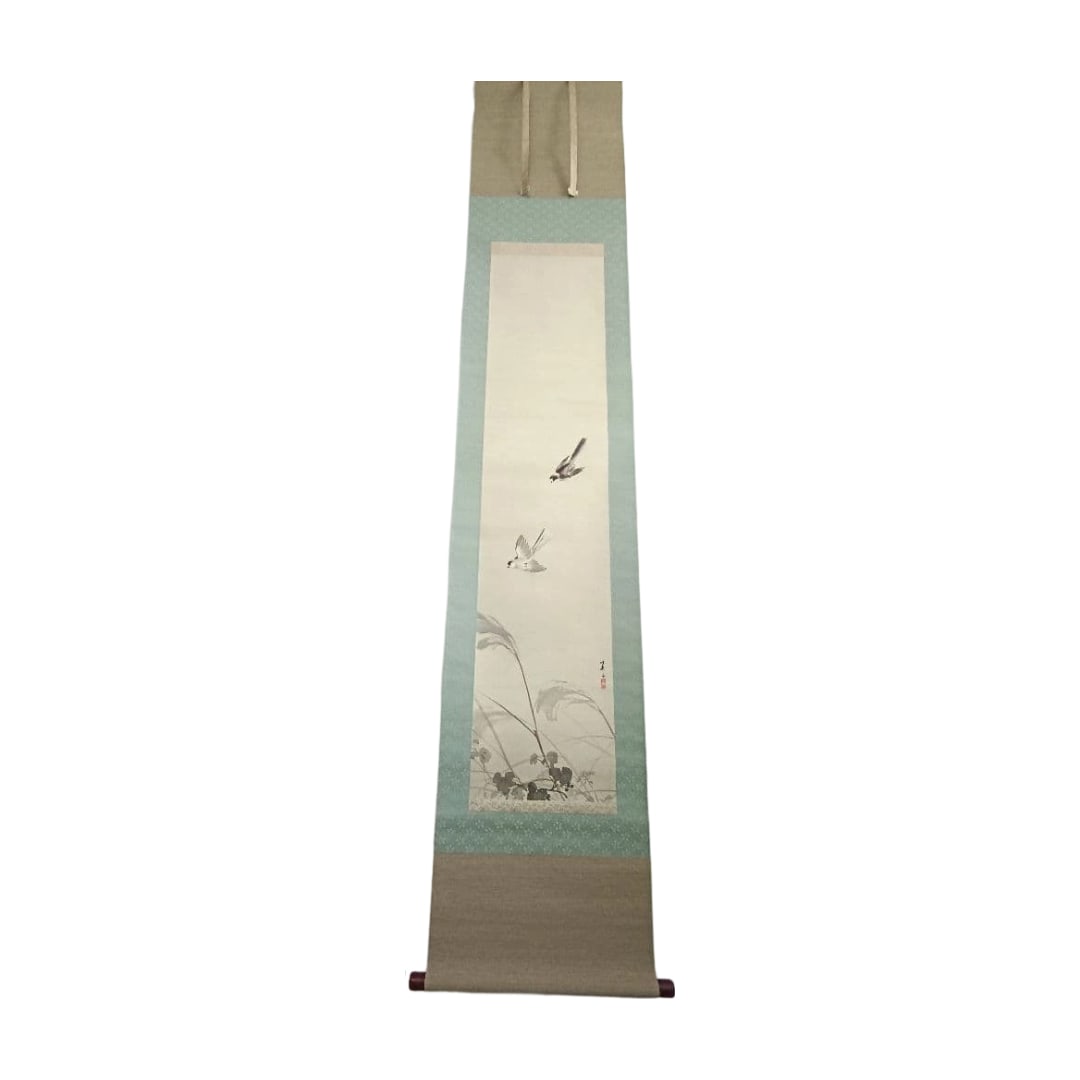 Kato Eishu Kato Eishu Hanging Scroll Nihonga (Japanese Painting): Traditional Japanese Hanging Scroll Painting, Beautiful Design of Birds and Grass. Design: Pattern of Birds and Grass Color Tone: Light Background Material: Washi (Japanese Paper) Dimensions: Vertical
