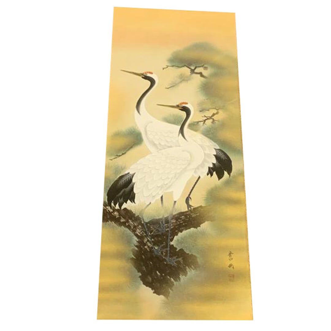 "Two Cranes on a Pine Tree" by Fukuda Sosen. Accompanied by a tomobako (original box) and a hanging (1 of 12)