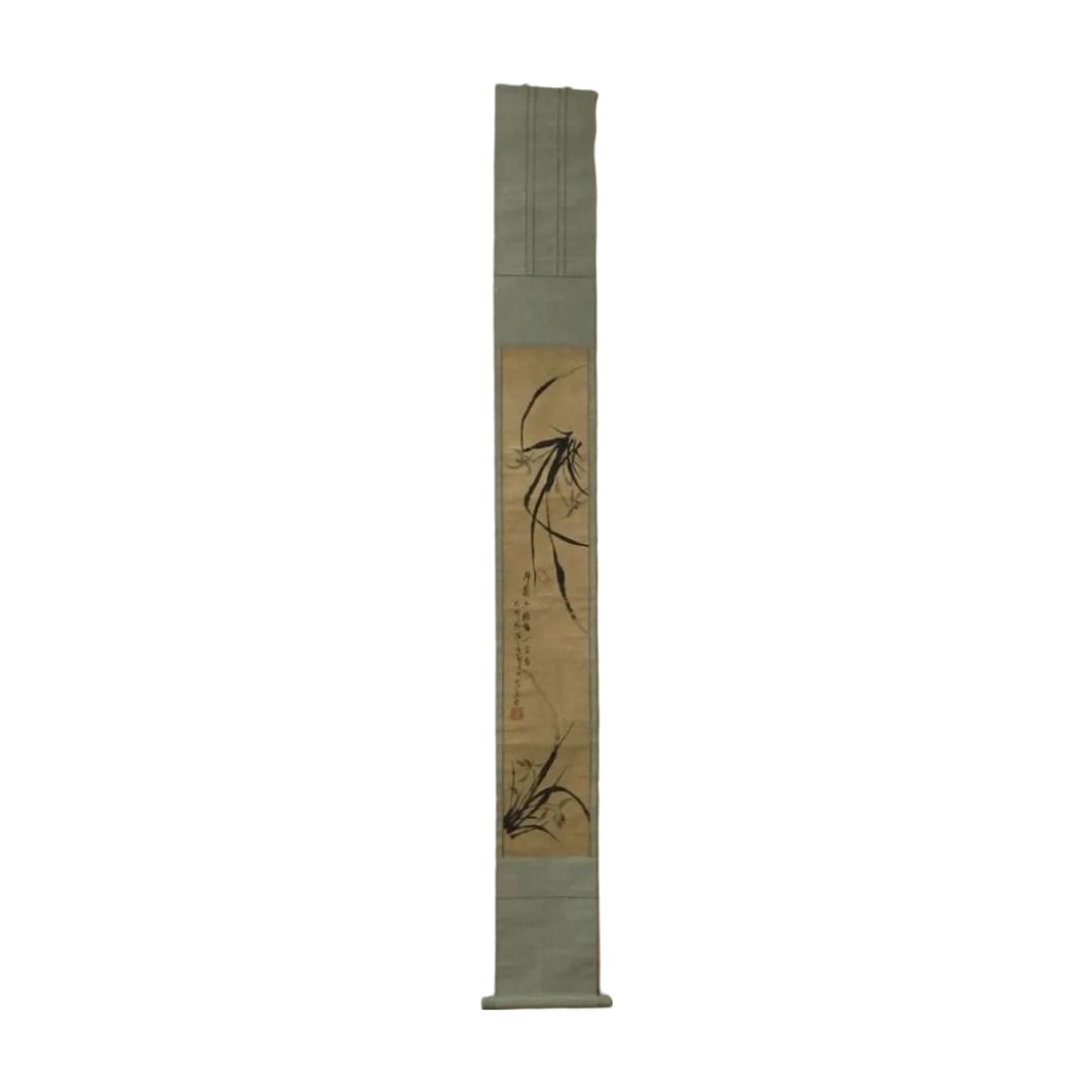 Tea Room Hanging Scroll, Wild Orchids, Re-mounted Antique Calligraphy and Painting: Tea Room Hanging Scroll with Wild Orchid A re-mounted antique painting and calligraphy tea hanging scroll Dimensions Main Body Approximately 178 x 19.5 cm + 5 cm for the roller ends Main Paper Approxi