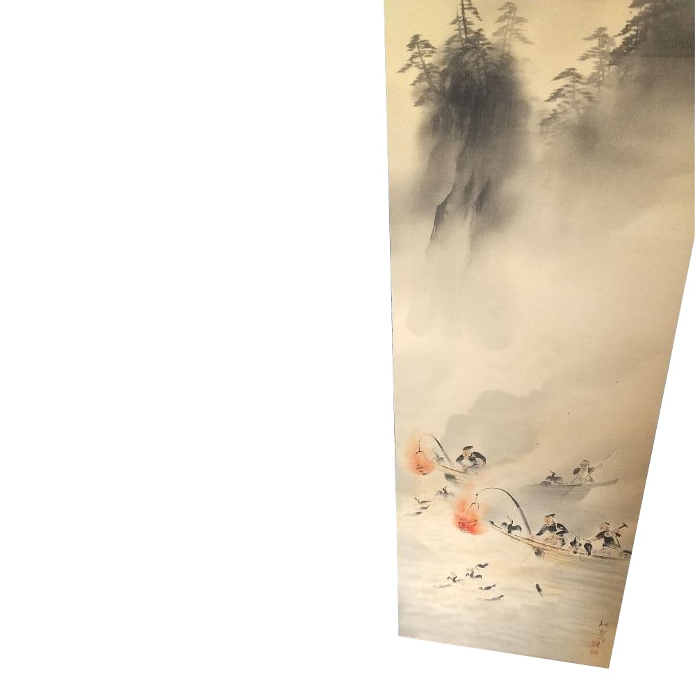 Sato Kokan, Silk Hanging Scroll, "Ukai no Zu" (Cormorant Fishing Scene): The overall dimensions excluding the roller ends are approximately 210cm x 56cm. Sato Kokan (1902-1975) Born in the 35th year of Meiji (1902) in Miyagi Prefecture, his given name was Isamu, and he use