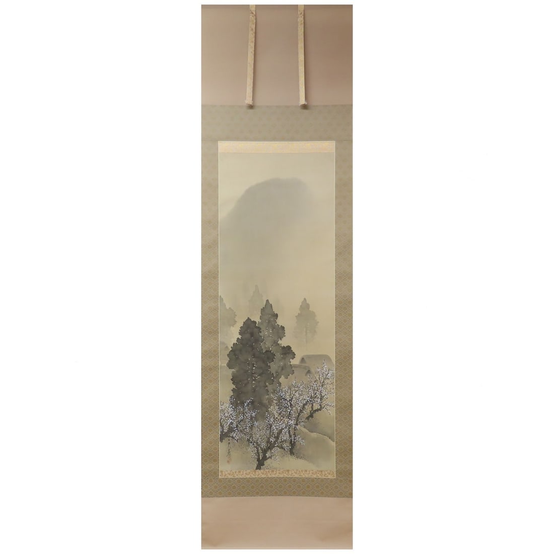 Japanese artist Kan Tenrei hanging scroll "Shunkei Sansuizu" (Spring Landscape Painting): Dimensions: Including mounting and roller ends 196cm x 60cm Paper 113cm x 41cm Kan Tenrei An artist from Ehime Prefecture active from the Meiji to early Showa period.