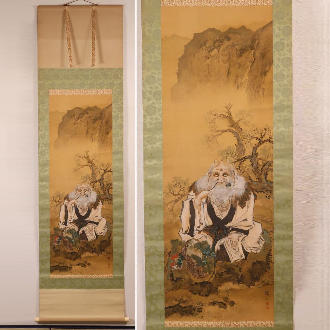 Authentic Work by Sawamoto Raiseki: "Divine Image of Shennong, the Sage Emperor of Medicine" -: Mounting dimensions excluding cord and roller ends: approximately width 54 cm, height 200 cm. Main paper dimensions: approximately width 40 cm, height 114.6 cm.