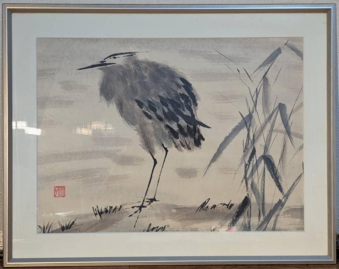 Authentic Painting by (Meguri Masako) - Ink Painting Size 8 - "Picture of Herons by the Water" -: Mounting dimensions including roller ends: approximately 58 x 197 cm Main paper dimensions: approximately 36 x 125 cm