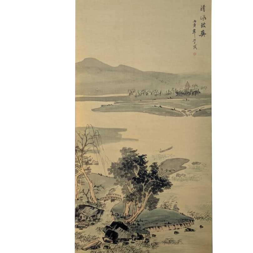 Authentic Work Hanging Scroll True View Landscape Ink Landscape Serene and Leisurely Charm Ancient: Mounting dimensions (including roller ends) approximately 71 x 184 cm; paper dimensions approximately 55 x 104 cm.