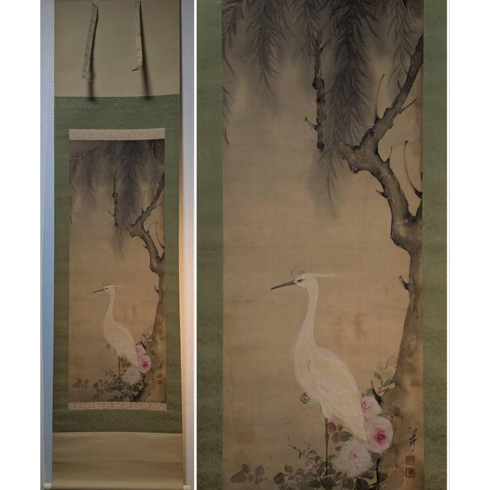 Authentic Hanging Scroll: "Egret on a Camellia Tree" - An Elegant Egret Perched on a Camellia Tree,: Mounting dimensions (including roller ends) approximately 57 x 195 cm Main paper dimensions approximately 39 x 105 cm