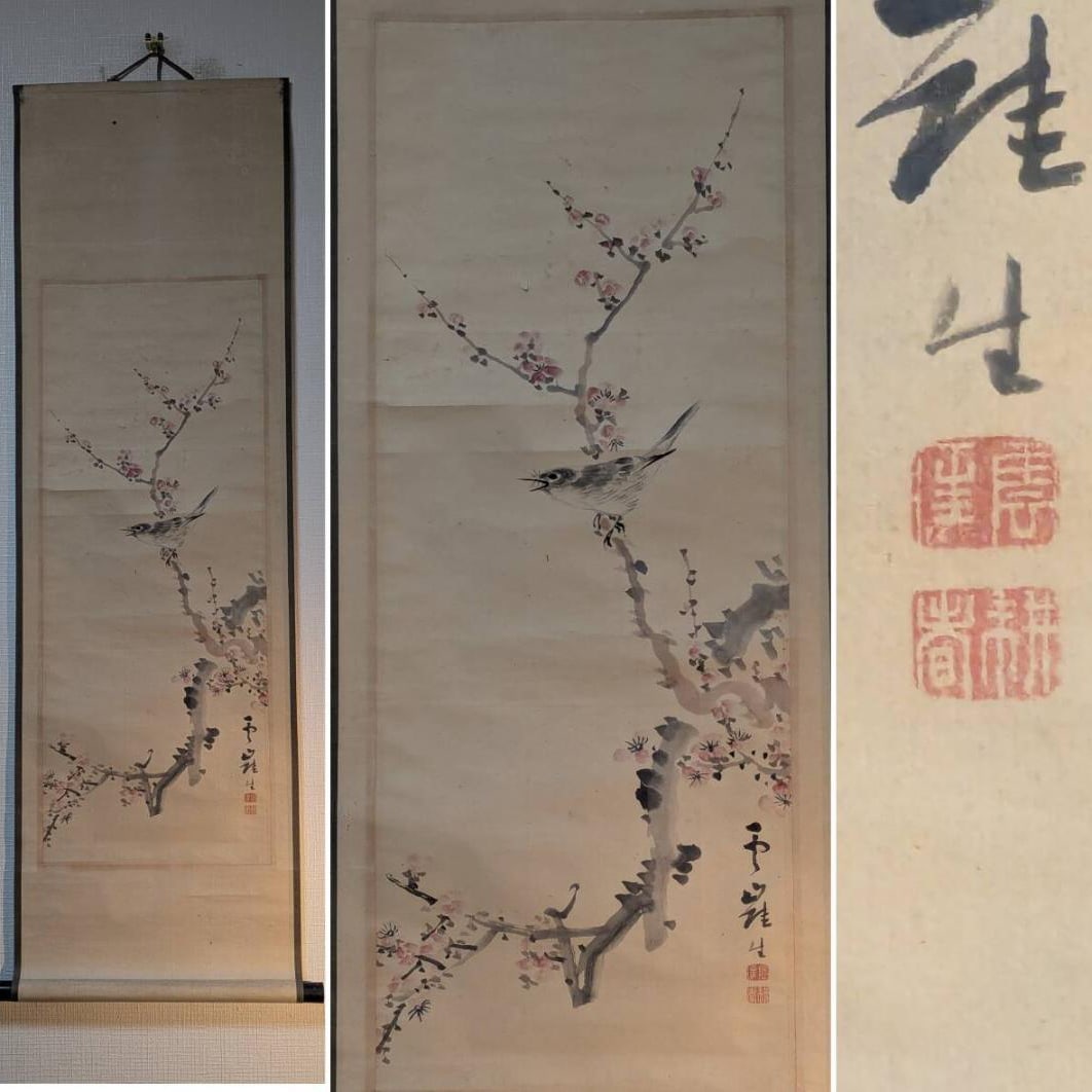 Authentic Hanging Scroll: "Plum Blossoms and Small Birds" - A painting depicting the serene early: Mounting dimensions (including roller ends) approximately 44 x 129 cm; paper dimensions approximately 31 x 81 cm.