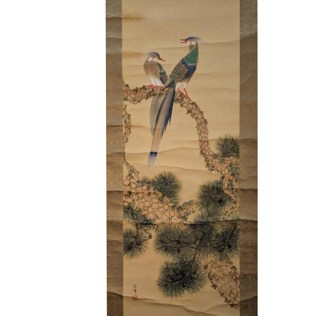 Authentic Hanging Scroll Japanese Painting "Zuito" (Auspicious Birds) Depicting Two Birds on a Pine: Mounting dimensions (including roller ends) approximately 57 x 192 cm Main paper dimensions approximately 41 x 124 cm
