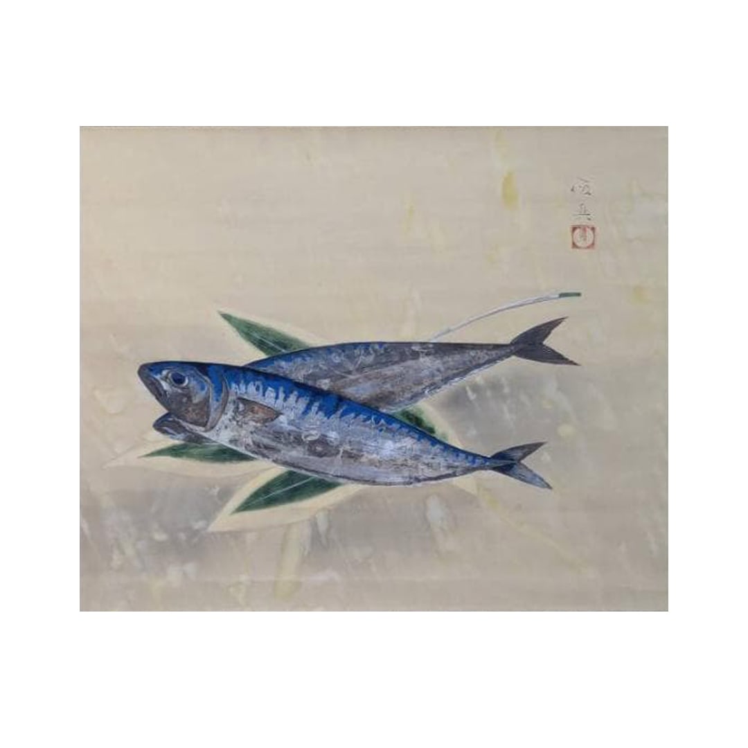 Authentic Hanging Scroll by omiya Toshinobu: "Double Fish Painting" - A Colored Painting of Fish,: omiya Toshio (1907 - January 16, 1984) was a Japanese painter active during the Showa period. He graduated from the Imperial Art School (now Musashino Art University) and studied under Yamaguchi Hoshu