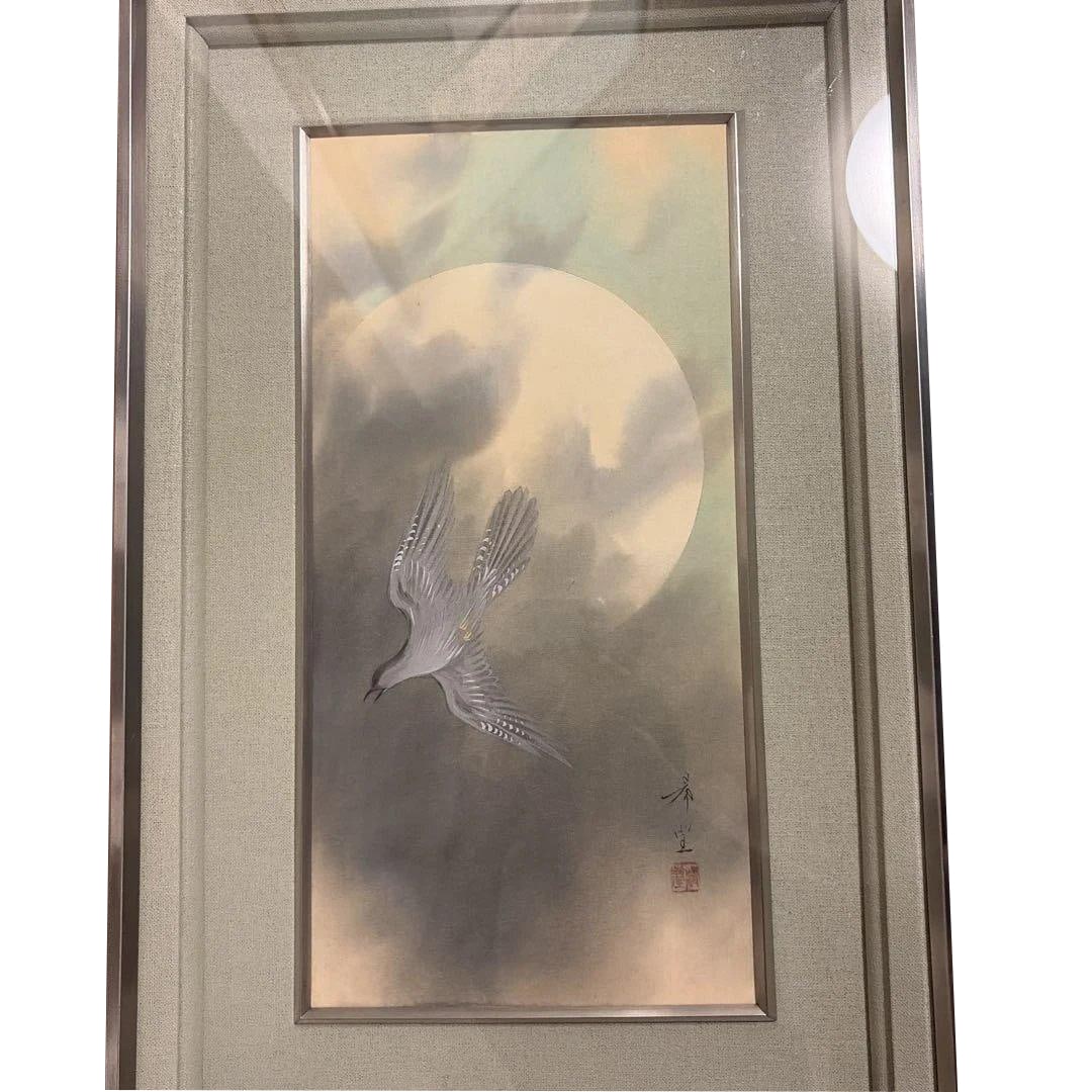 Authentic work by Kodama Kibo , "Tsukishita Jicho" (Under the Moon, Time Bird), color on silk, (1 of 5)