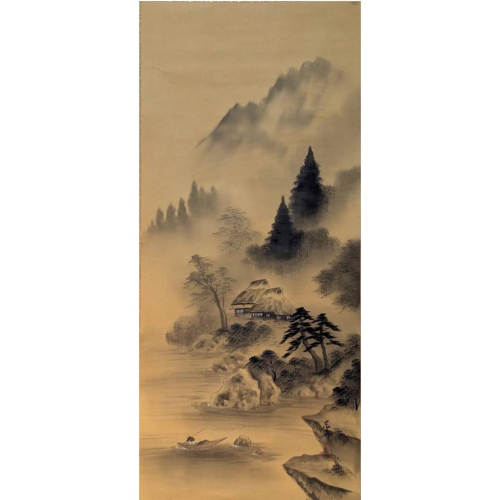 Authentic Hanging Scroll, Ink Landscape Painting: A Deep Misty Stream and Thatched Roof Dwellings,: Mounting dimensions (including roller ends) approximately 69 x 192 cm; paper dimensions approximately 50 x 113 cm.