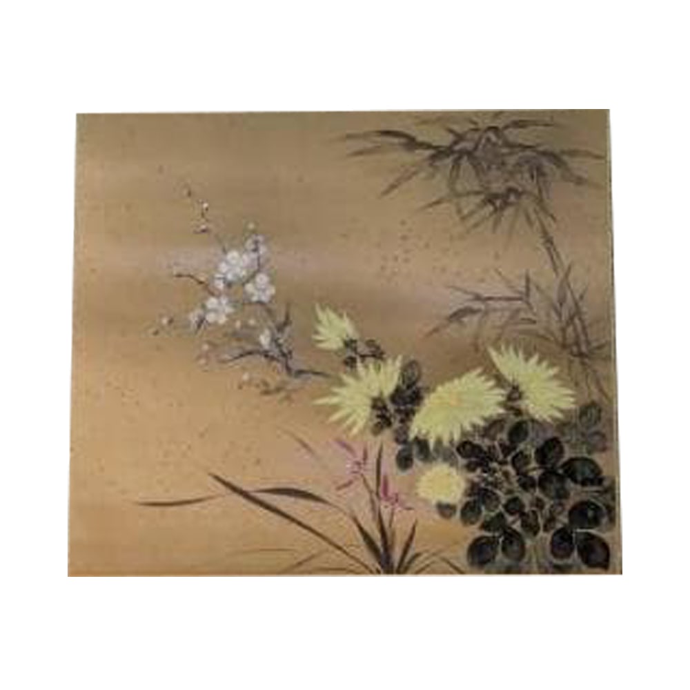 Authentic Hanging Scroll: "The Four Gentlemen" - A Bird and Flower Painting featuring Plum,: Mounting dimensions (including roller ends) approximately 69 x 131 cm; paper dimensions approximately 49 x 43 cm.