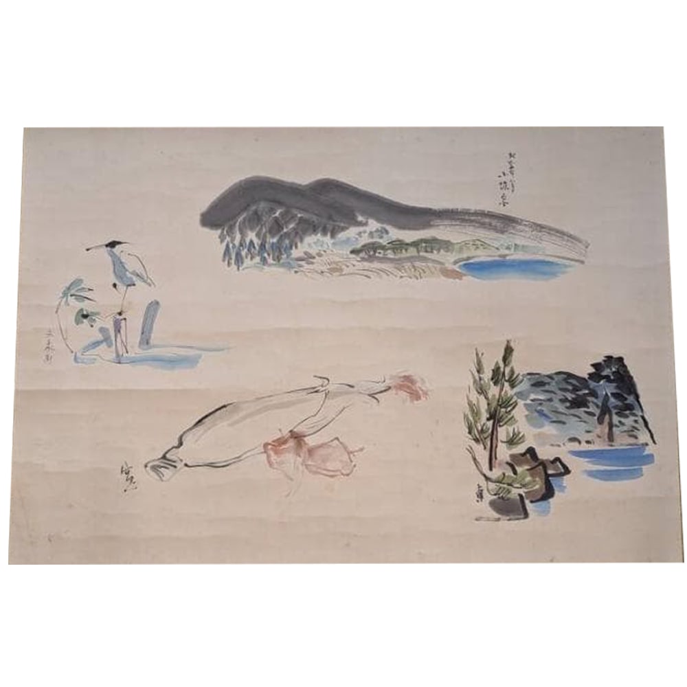 Authentic Hanging Scroll, Ink and Light Color, Landscape and Bird-and-Flower Painting, Egret, Fish, (1 of 9)