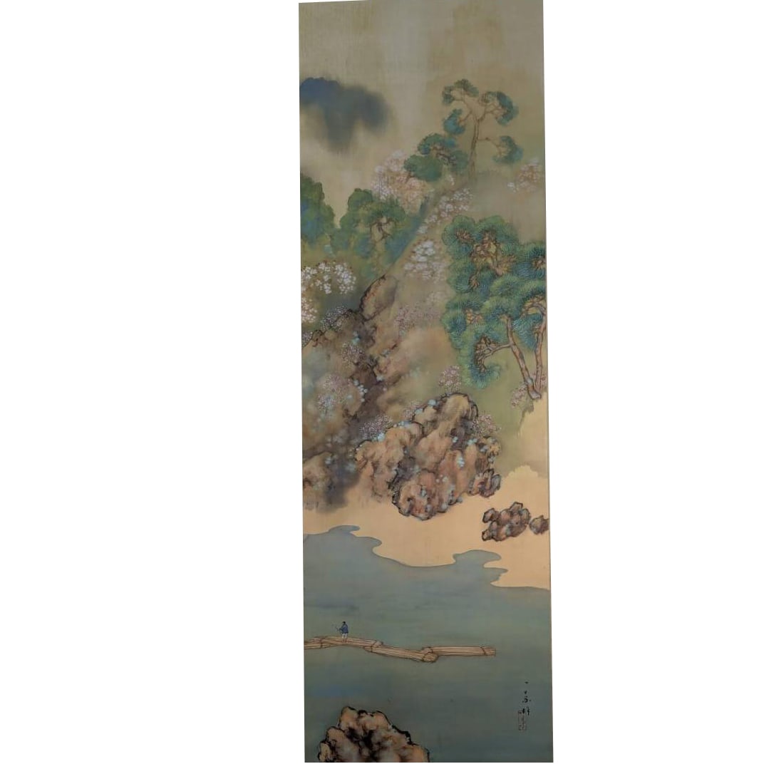 Authentic Hanging Scroll: "Spring Landscape Painting - Pine Rocks and Riverside Scenery" Japanese: Mounting dimensions (including roller ends) approximately 59 x 210 cm; paper dimensions approximately 41 x 127 cm.