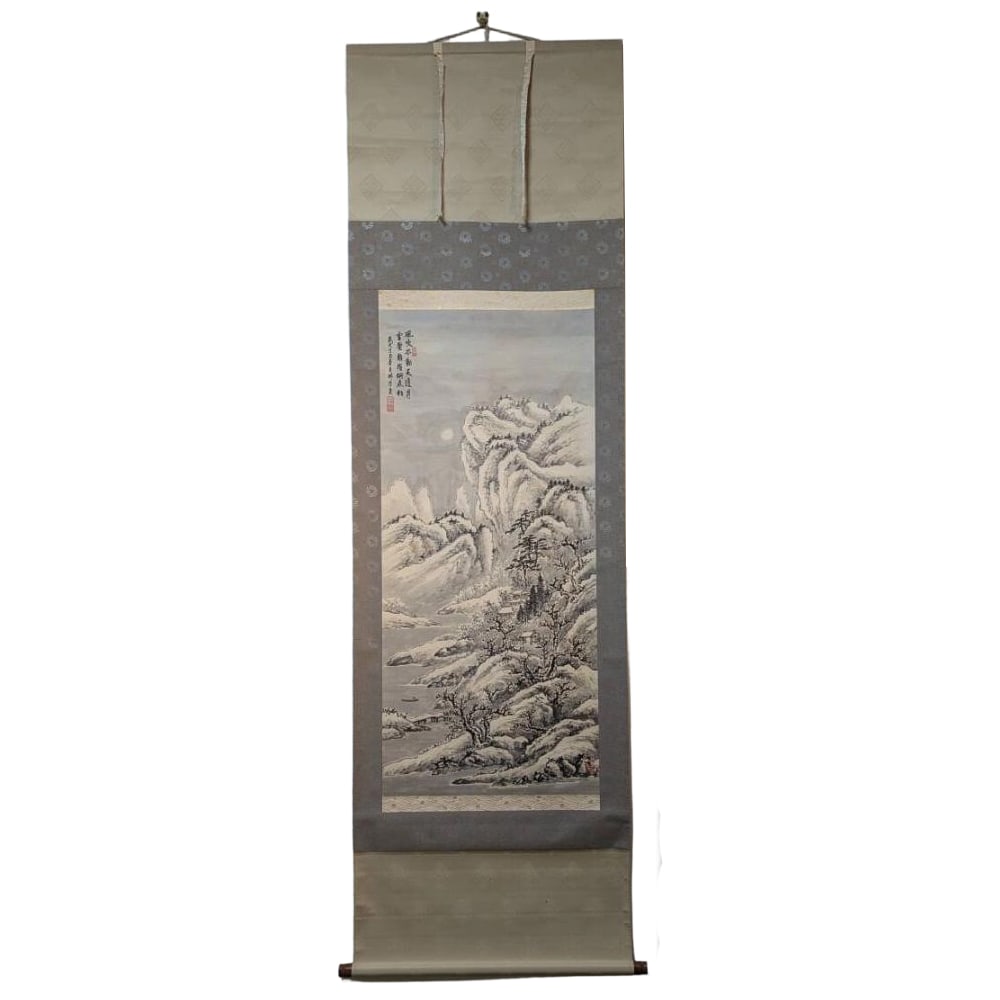 Authentic Work Hanging Scroll Ink Landscape Moonlit Landscape Inscribed Landscape Painting: Mounting dimensions (including roller ends) approximately 65 x 186 cm Main paper dimensions approximately 46 x 104 cm