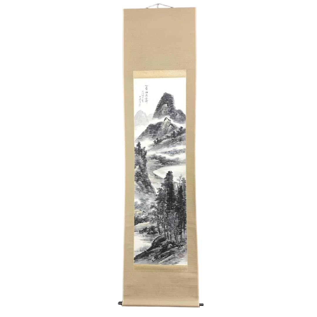 Authentic Work by Toriumi Nirakushi / "Summer Mountain After Rain" / Landscape Painting / Hanging: Condition Report: The artwork is executed on paper with hand-painted brushwork. The paper shows some slight stains. There are a few spots on the top of the mounting. Accompanied by a paulownia wood to