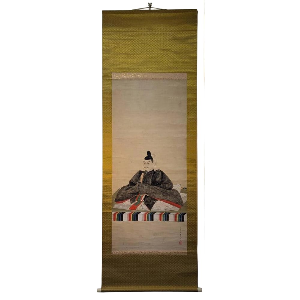 Authentic Hanging Scroll: "Portrait of Tenjin" - Depiction of Sugawara no Michizane as a Noble: Mounting dimensions (including roller ends) approximately 71 x 195 cm Main paper dimensions approximately 52 x 119 cm
