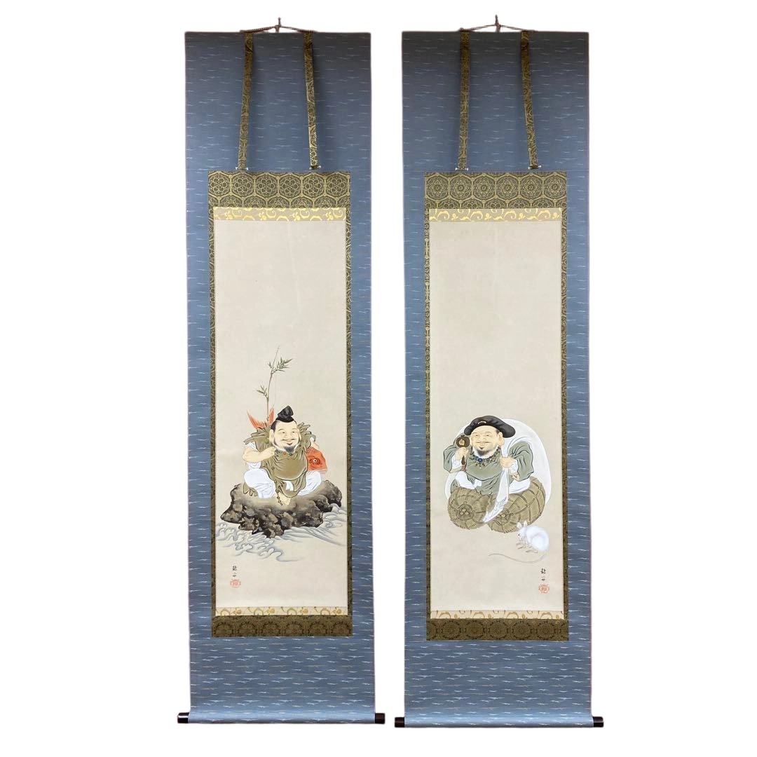Hanging scroll by Nakata Ryuan, "Ebisu and Daikoku" with tomobako (original box). (1 of 11)