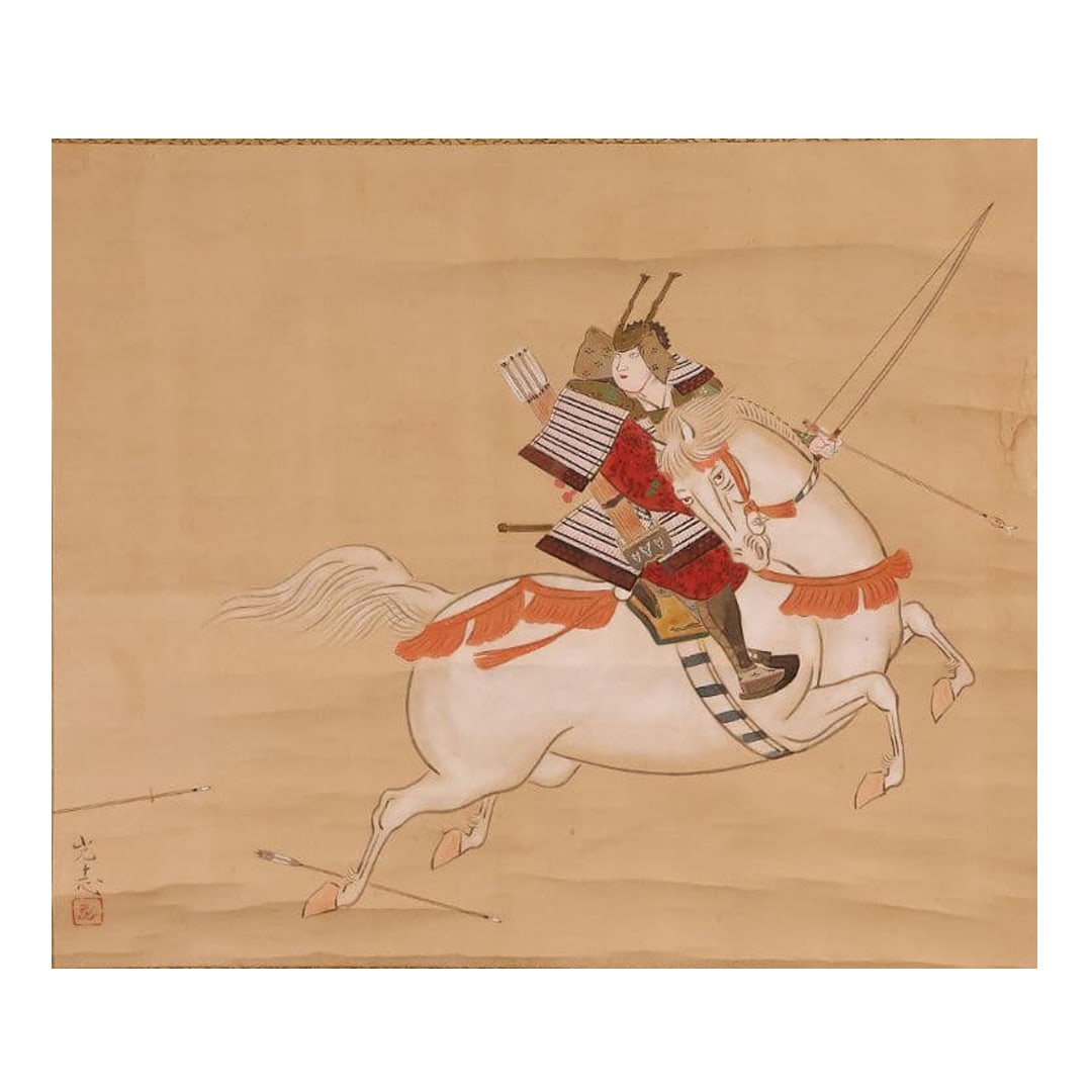 Authentic Work by Haneishi Koshi, "Portrait of Minamoto no Yoshiie," Ink on Paper, Hanging Scroll,: Authentic work by Haneishi Koshi, "Minamoto no Yoshiie" depicted on paper, hanging scroll, with a shared box. A colorful depiction of a warrior figure by the Japanese painter from Tochigi Prefecture. 