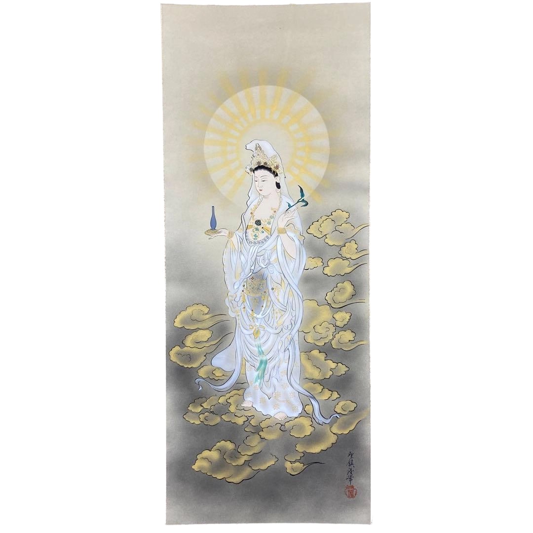 Exquisite Hanging Scroll by Takano Seichin: "White-Robed Kannon" with Original Box, Buddhist: Dimensions: 185 x 54 cm Silk mounting Original box (damaged) Hand-painted