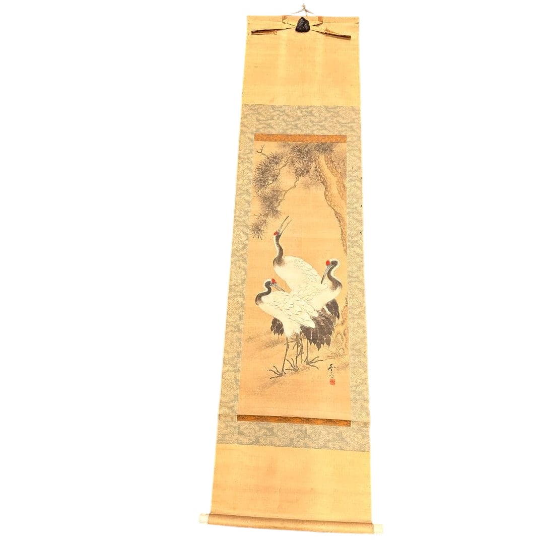 Hanging Scroll: Pine and Crane Painting, Auspicious Motif, Nihonga (Japanese Painting) (1 of 9)