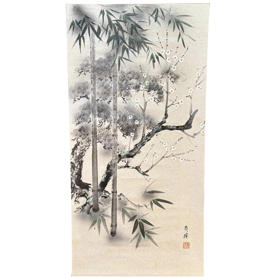 Authentic Work by Matsuho: "Pine, Bamboo, and Plum" Painting, Hand-painted in Color, Signed, Hanging: Dimensions Overall: approximately 190 x 65 cm Painting: approximately 105 x 51.5 cm Condition Due to its age, there are stains, grime, tea-colored spots of discoloration, creases, wrinkles, and wear o