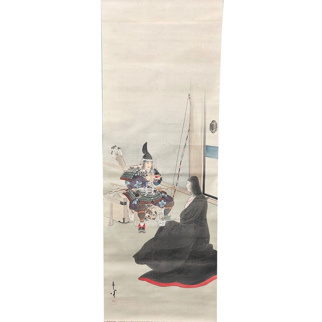 Inscribed "Samurai and Beauty" Hanging Scroll, Figure Painting, Ancient Painting: Dimensions Outer: Vertical: 193 cm / Horizontal: 54 cm Inner: Vertical: 120 cm / Horizontal: 41.5 cm