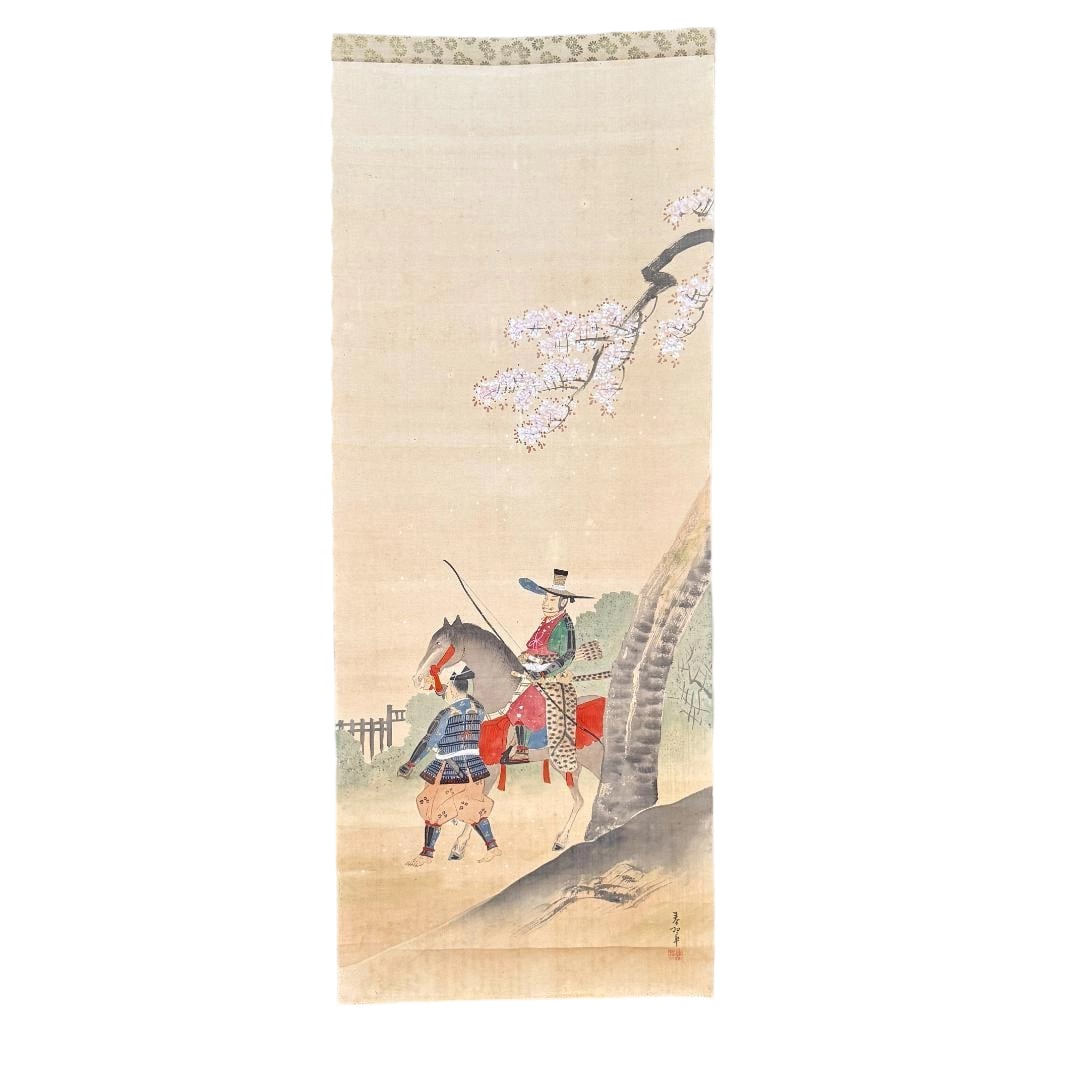 Authentic Work by Juga: "Rider Warrior under Cherry Blossoms" - Samurai, Bow and Arrow, Hand-painted: Dimensions Overall: Approximately 192 x 63 cm Painting Core: Approximately 124 x 50 cm Condition Due to age, there are slight scratches, dirt, spots, discoloration, and creases. The scroll has damage,