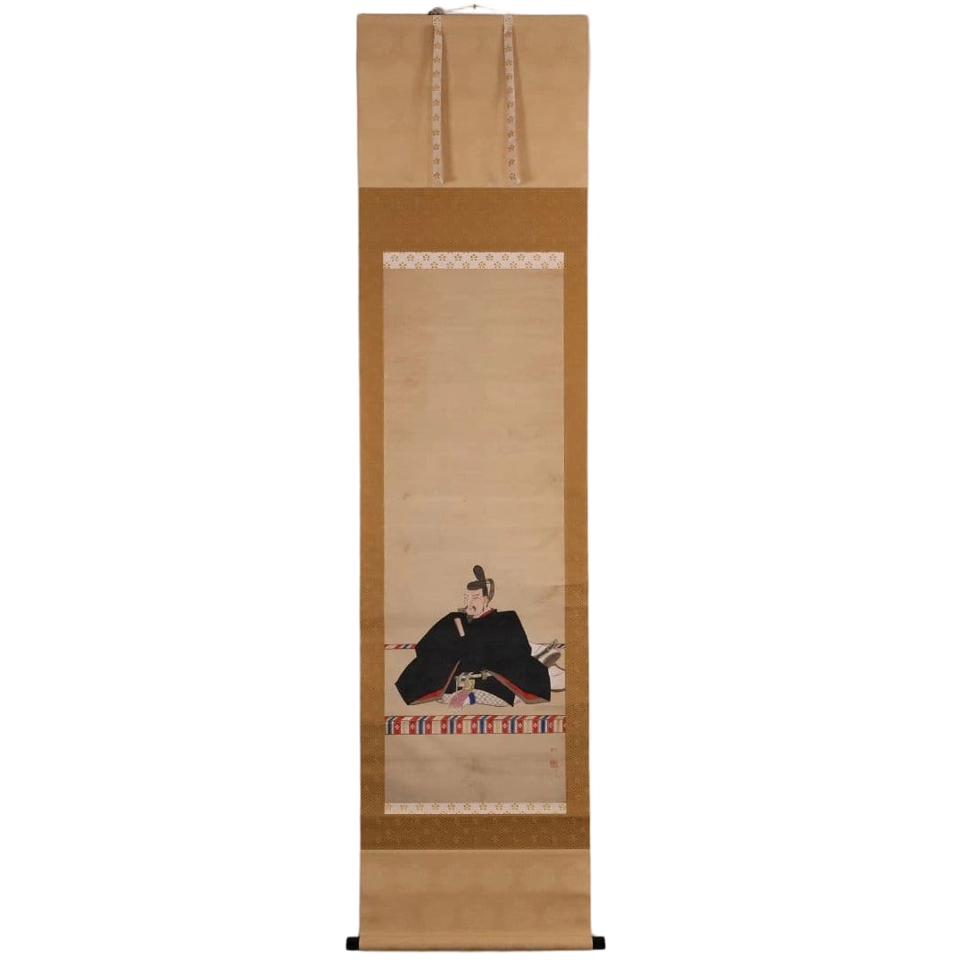 Japanese Painting: Portrait of Sugawara no Michizane. Signed by Shunsui. Ink on paper, hanging: Japanese Painting: Portrait of Sugawara no Michizane, Signed Shunsui, Ink on Paper, Hanging Scroll, with Box Condition: Discoloration, stains, dirt, creases, scratches Damage to the wooden box Please 