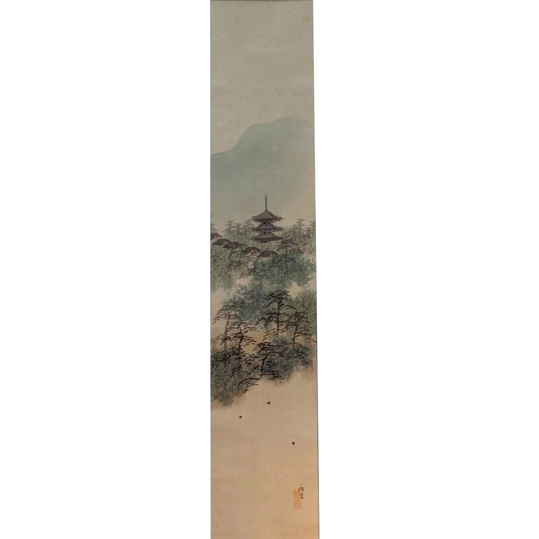 Hanging Scroll: Tozan, Nihonga, Mountain Temple Pagoda Scene, Landscape Painting: Mounting dimensions (including roller ends) approximately 34 x 187 cm Main paper dimensions approximately 21 x 104 cm