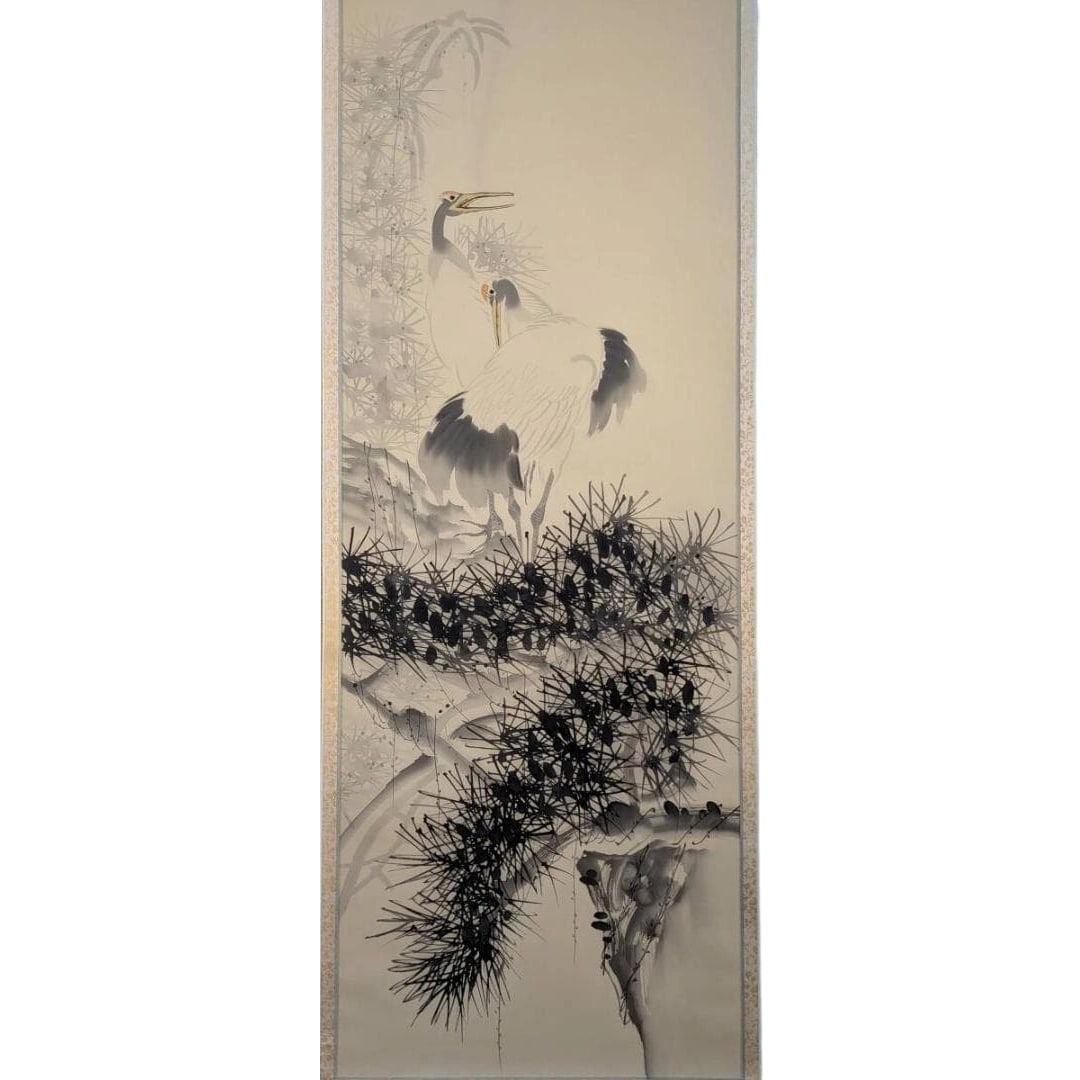 Hanging Scroll: "Twin Cranes in the Shadow of Pines": Mounting dimensions (including roller ends) approximately 60 x 183 cm; paper dimensions approximately 38 x 102 cm.